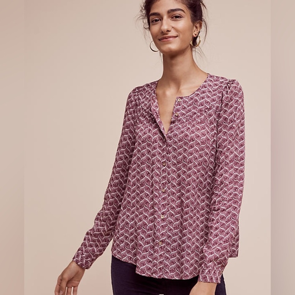 Maeve Anthropologie Orli Bibbed Long Sleeve Rayon Blouse